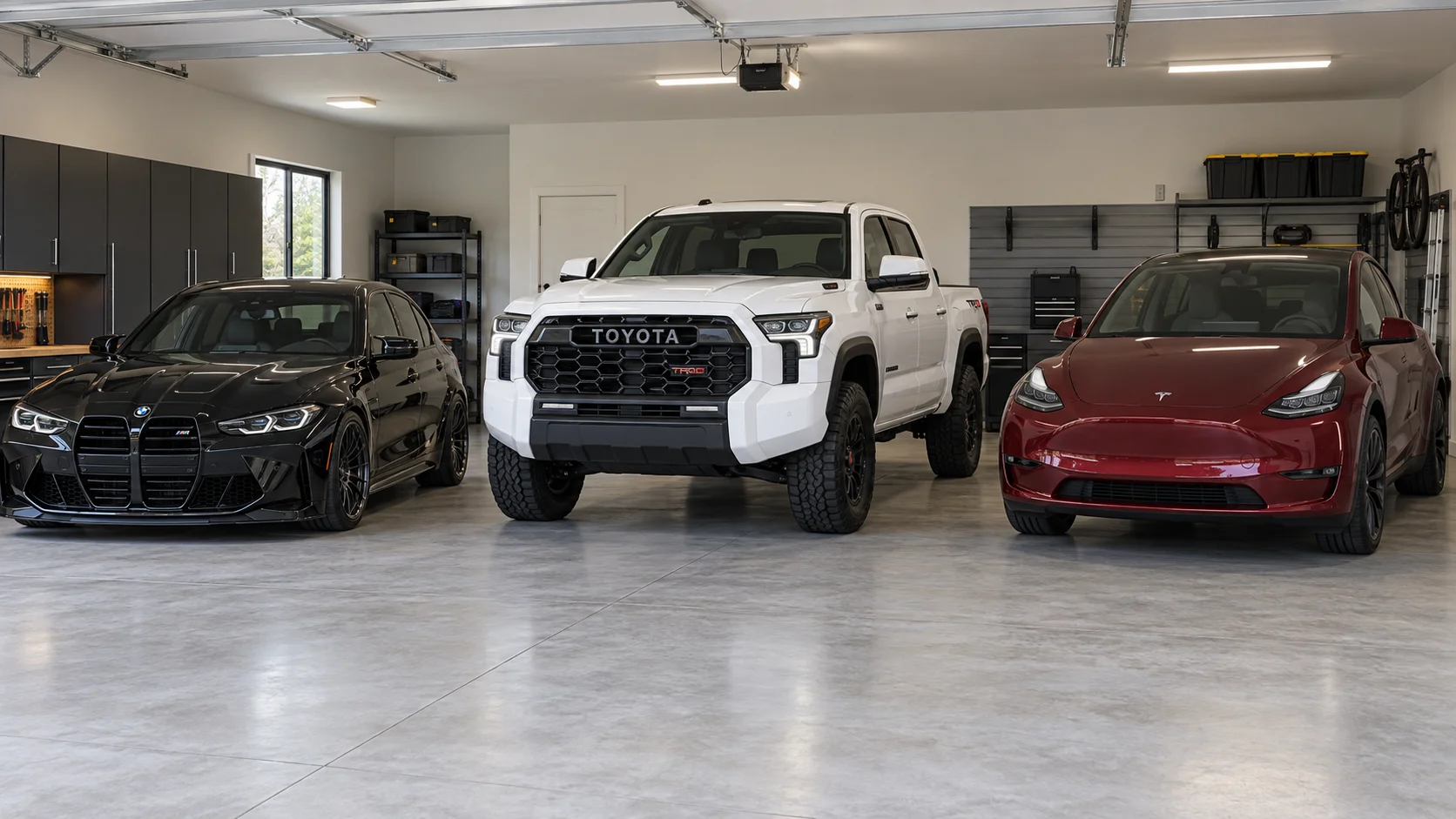 Illustration of a black modified BMW M3, white Toyota Tundra TRD and burgundy Tesla Model Y side by side in a garage